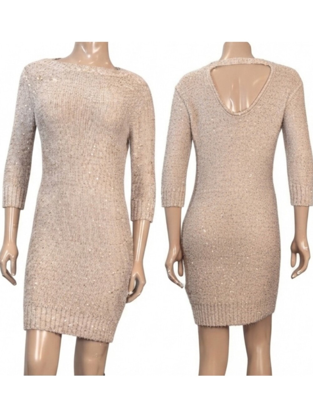 Costa Blanca Sequin Knit Sweater Dress Wool Angora Party Beige Gold Size Small